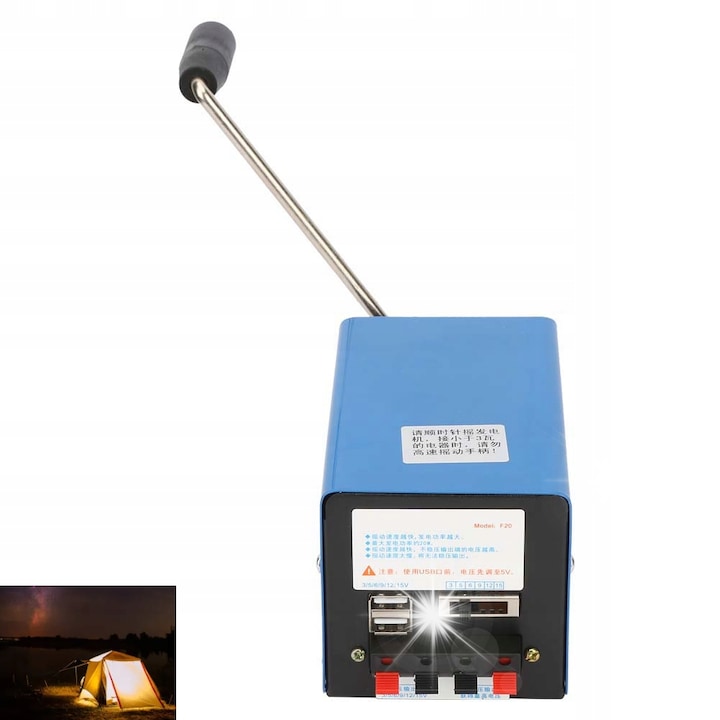 Generator electric portabil cu manivela, 20W, metal, 758g