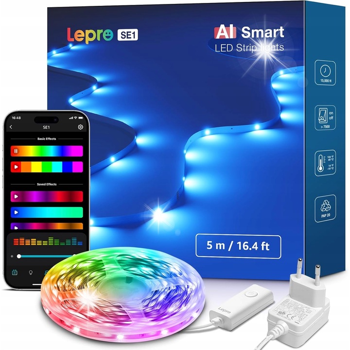 Benzile LED inteligente Lepro SE1, 5m, RGB, WiFi, control vocal, sincronizare muzicala
