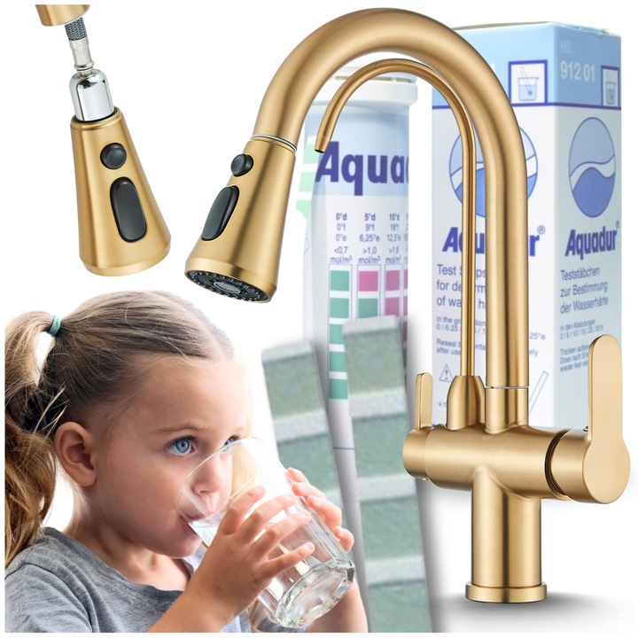 Ari konyhai csaptelep, 3 utas, kihúzható kifolyócső, vízszűrő, szálcsiszolt arany