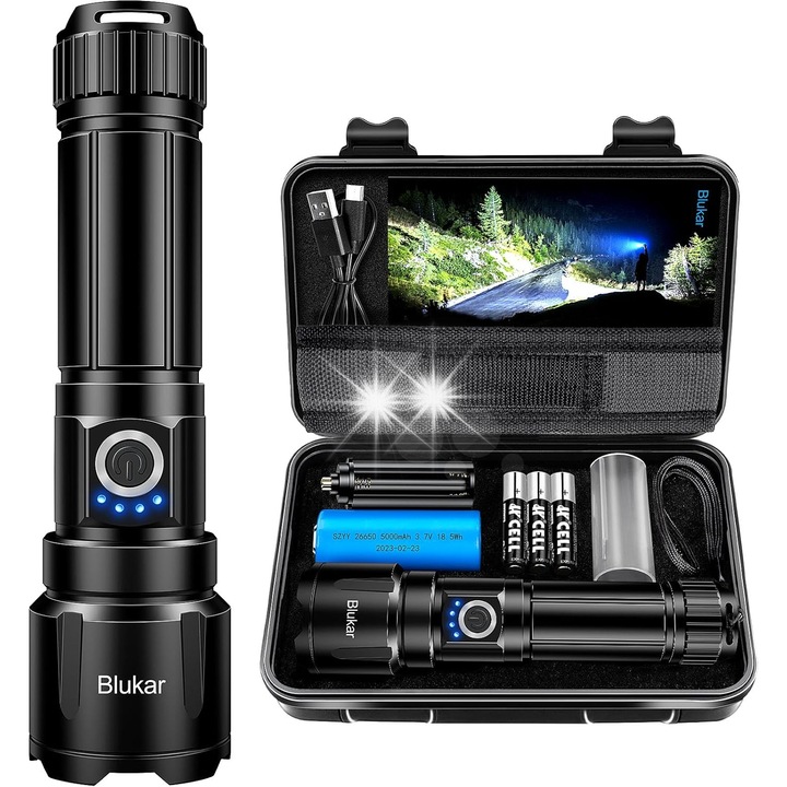 Lanterna Blukar LED, foarte luminoasa, cu zoom, neagra, reincarcabila