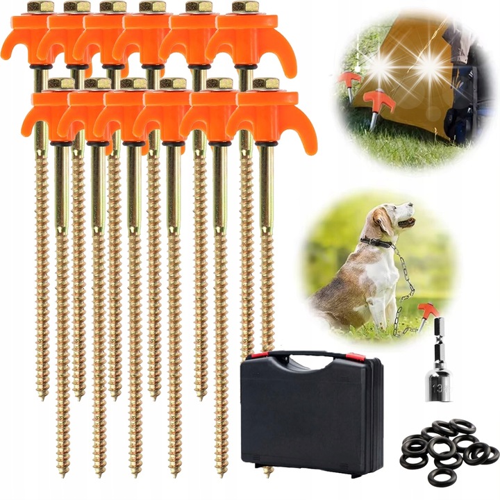 Set 12 suruburi pentru cort, 20,5cm, metalice, aurii si portocalii