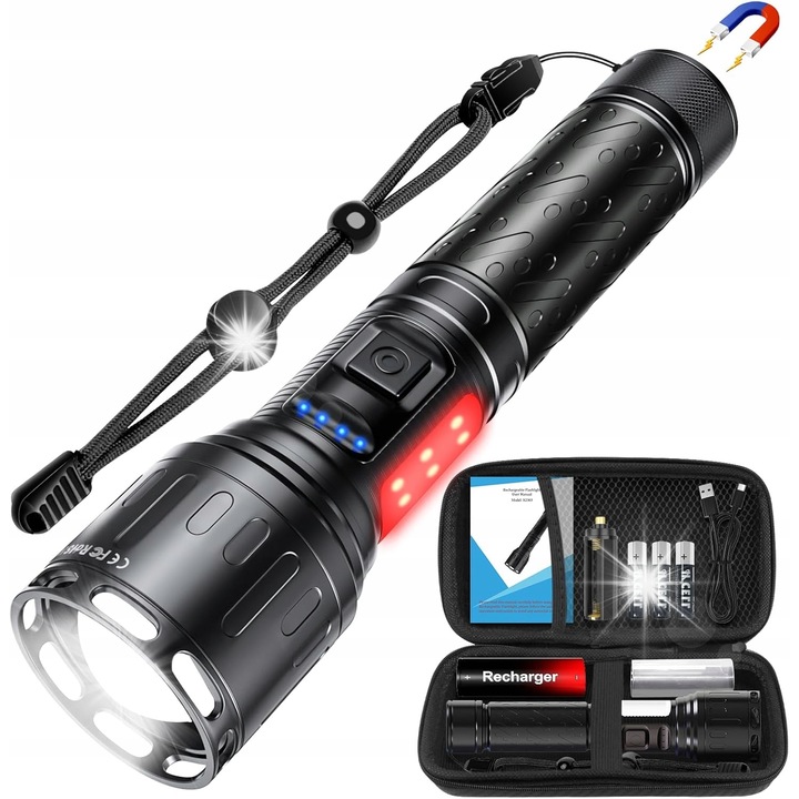 Професионален LED фенер с 8 режима, мощност 5000 mAh, водоустойчив IPX5, телескопичен зуум, пълен комплект