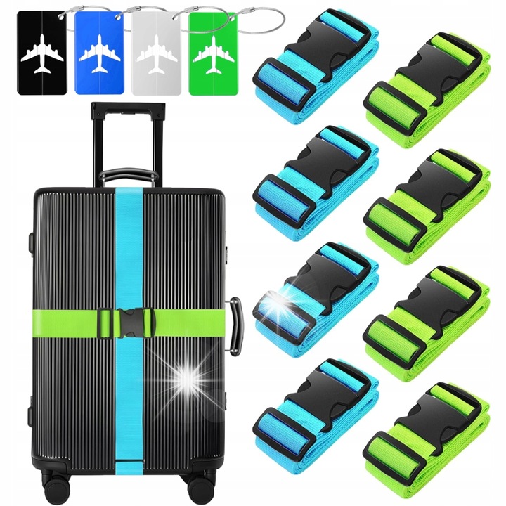 Set 8 Pachete Bagaj si 4 Etichete Bagaj, Verde si Albastru, 200x5cm