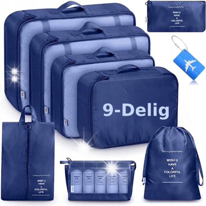 9 részes poggyászrendező szett, kék, poliészter, különböző méretek