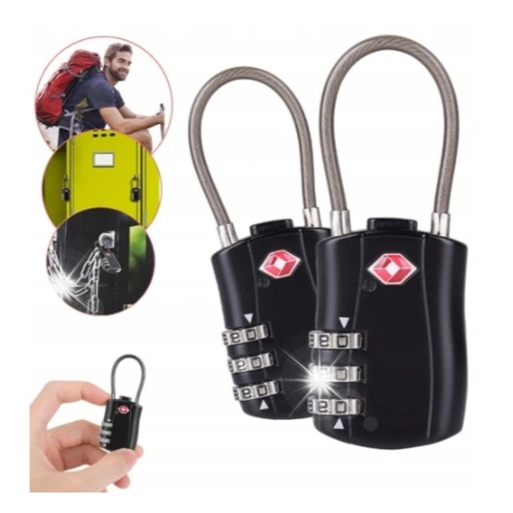 Комплект от 2 TSA катинара със система за шифър и защитен кабел за багаж