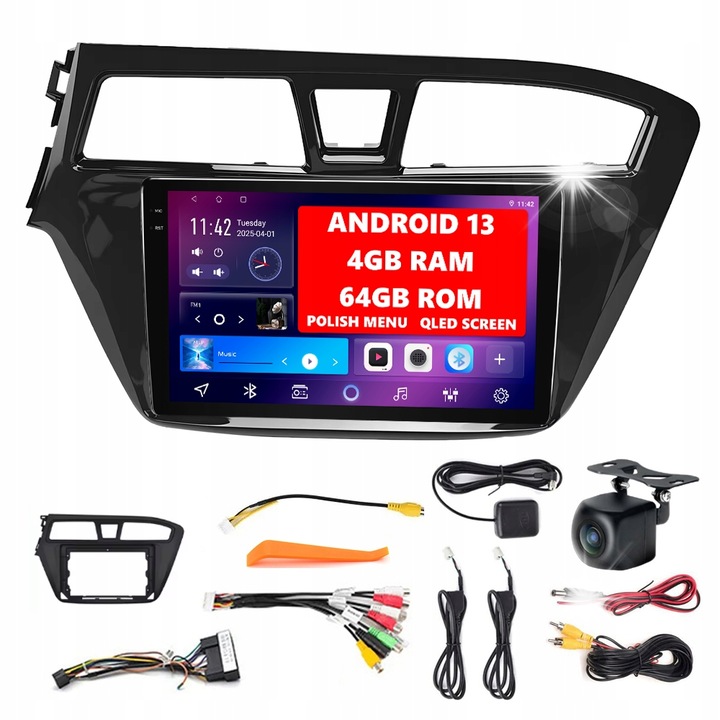 Rádió autó Android 13, 9 hüvelykes, 4 GB RAM, 64 GB ROM, GPS, Bluetooth, tolatókamera, Hyundai I20 2015-2017-hez