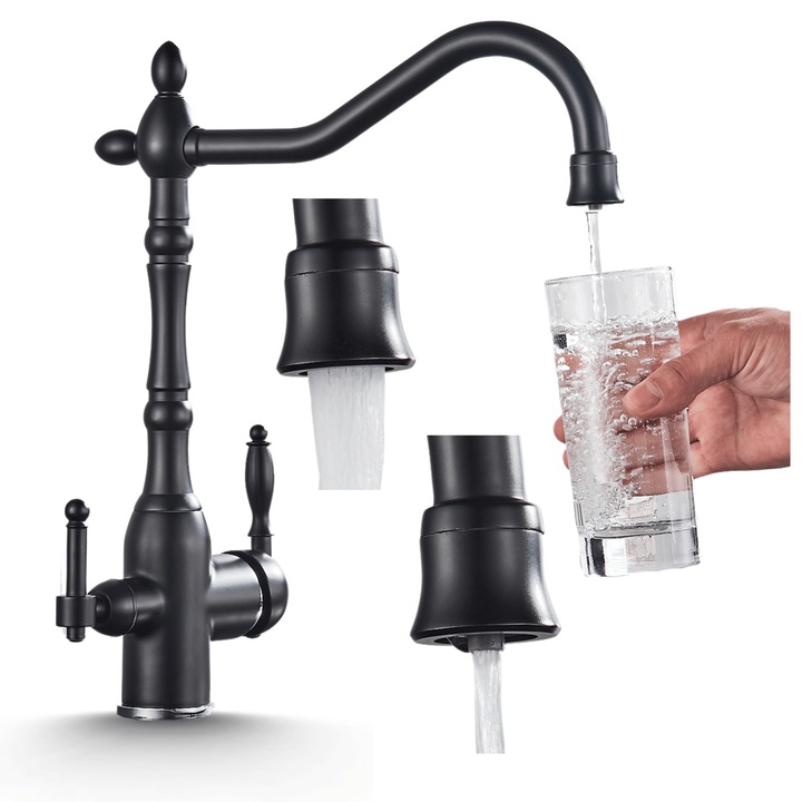 Кухненски смесител с 3 функции Ari Retro 2, филтър за вода, черен мат