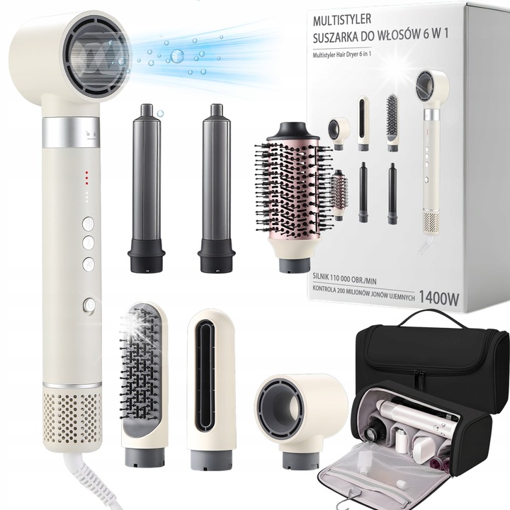 Сешоар-маша 6в1, 1400W, 3 скорости, йонизация, екрю, пълен комплект