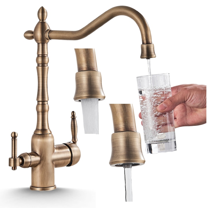Кухненска батерия с 3 пътя Ari Retro 2, филтър за вода, Античен бронз