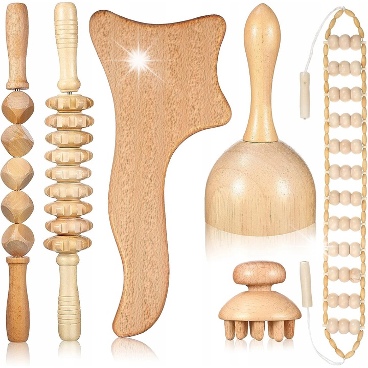 Set instrumente de masaj din lemn, 6 in 1, pentru relaxare, natural, 1 kg
