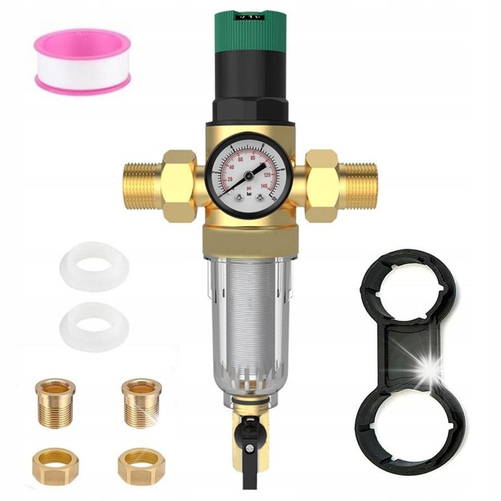 Öntisztító mechanikus szűrő nyomásmérővel 1"/3/4", komplett készlet, vízhez, méretek 6m3/h, 90 mikron