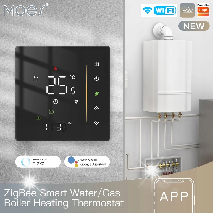 MOES ZigBee termosztát fűtéshez, érintésvezérlés, 5-35°C, fekete, 86x86mm