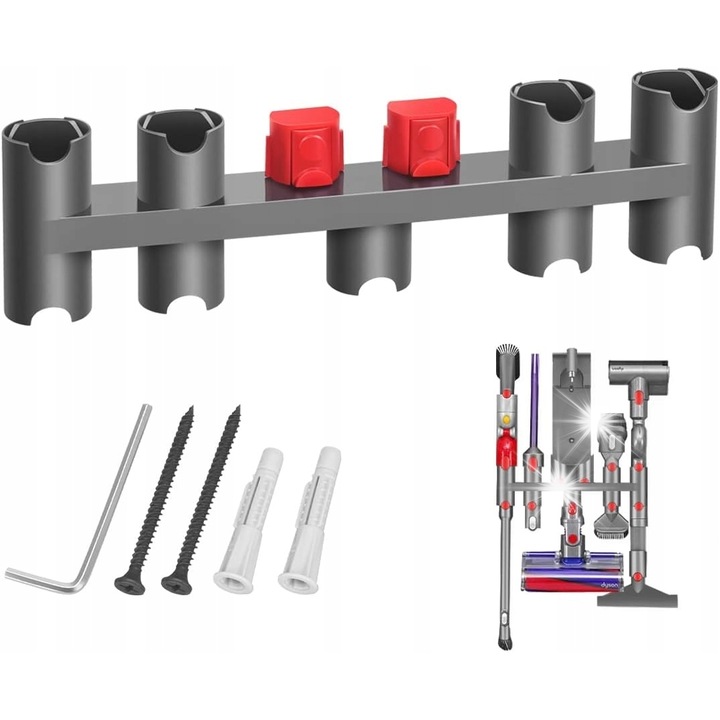 Suport pentru accesorii aspirator Dyson V7 V8 V10 V11, 9 guri, gri, 36,2x9,5cm, set