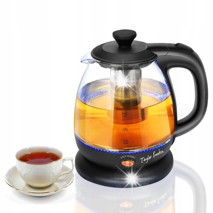 Fierbator electric Taylor Swoden, 2200W, 1L, sticla borosilicata, negru, 20.5x17.5x20.3cm