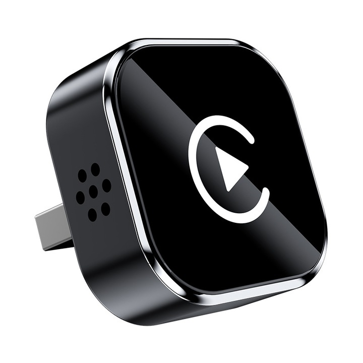 Conector auto wireless 2-in-1, compatibil cu Android Auto si CarPlay, negru cu eticheta alba, dimensiuni compacte