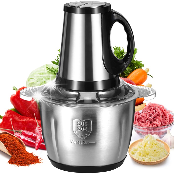 Elektromos aprító rozsdamentes acél tálal, 500W, 5L, 5 sebesség, 6 penge