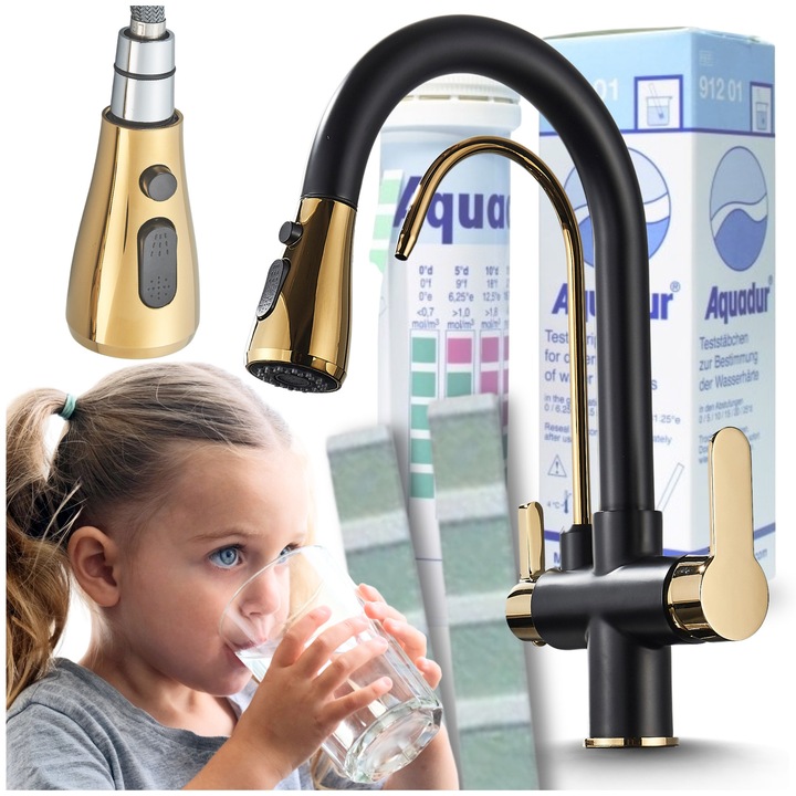 Ari konyhai csaptelep, 3 utas, kihúzható kifolyócső, vízszűrő, fekete arany