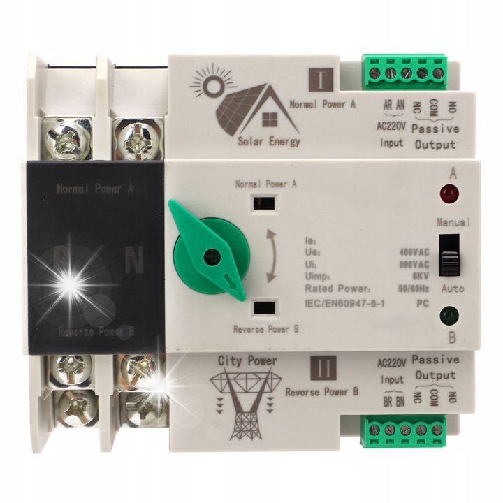 Comutator automat switch dublu alimentare 2P AC220V 100A, ignifug, contacte argintii, montaj pe sina