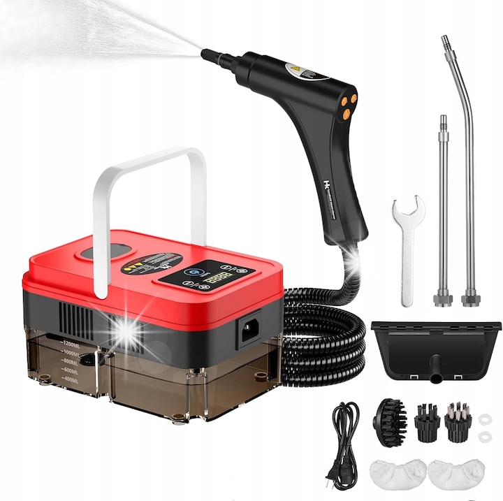 Set aparat de curatat cu abur 1200ml, 2500W, rosu, accesorii incluse
