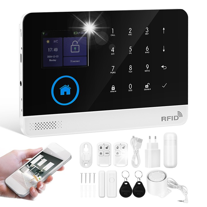 Sistem de alarma inteligent WiFi + GSM, ecran tactil color, detectie miscare, 18,50x12,50x1,30 cm
