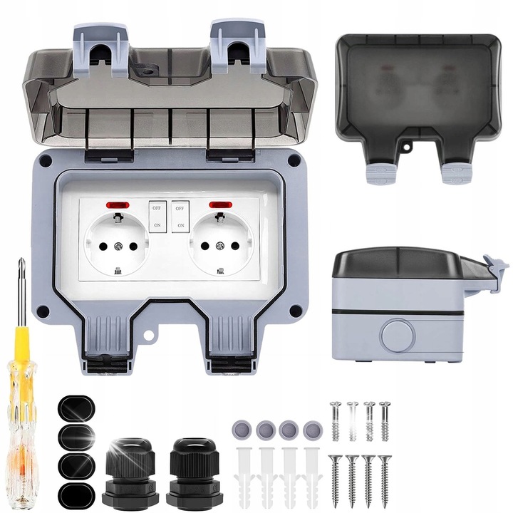 Priza dublua exterior, impermeabil, cu comutator, gri, 168x110x100mm