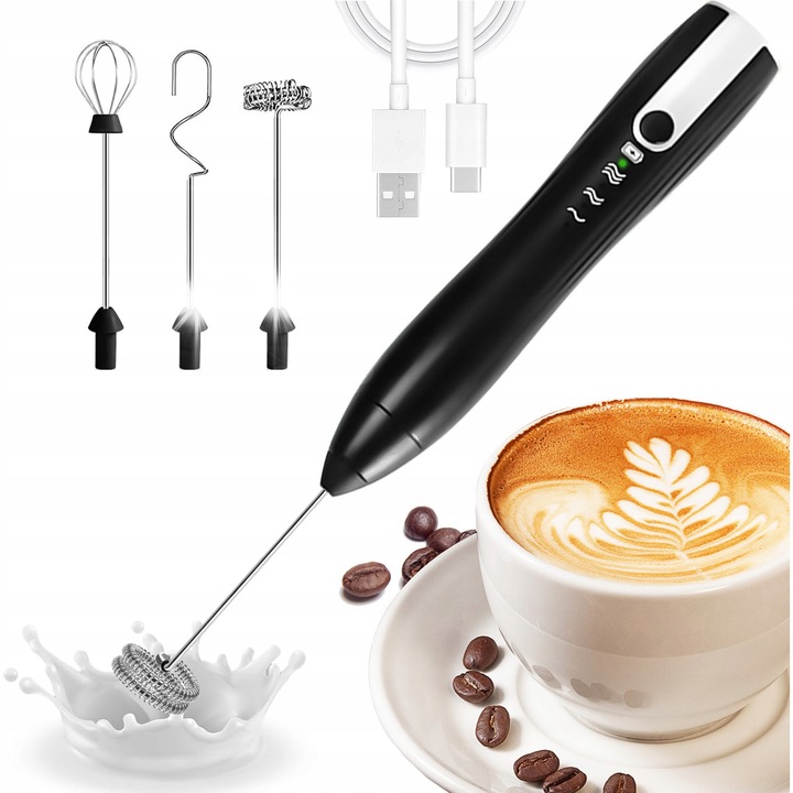 Mixer pentru spuma cafea, 3 capete interschimbabile, electric, USB