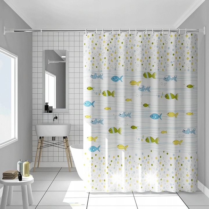 Zaslona de dus cu 12 haciuci, PEVA, 180x200cm, gri, set cu accesorii