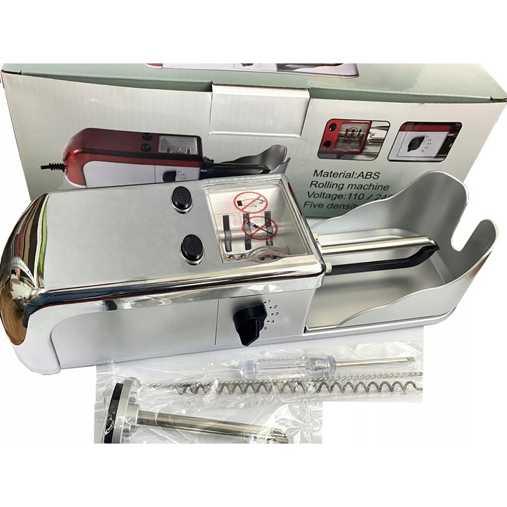 Masina electrica de rulat tigari 2 in 1, model LYCX6088 A, 6,5mm si 8mm, argintie, 250x100x100mm, set complet