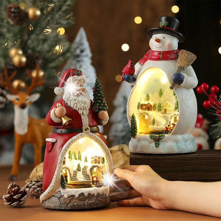 Figurina Craciun, cu tren in miscare, lumini LED, muzica, multicolor, 30x20cm