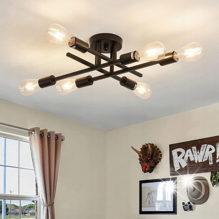 Lustra, Riserva, 6 becuri E27, design retro, negru, 56x54x15cm