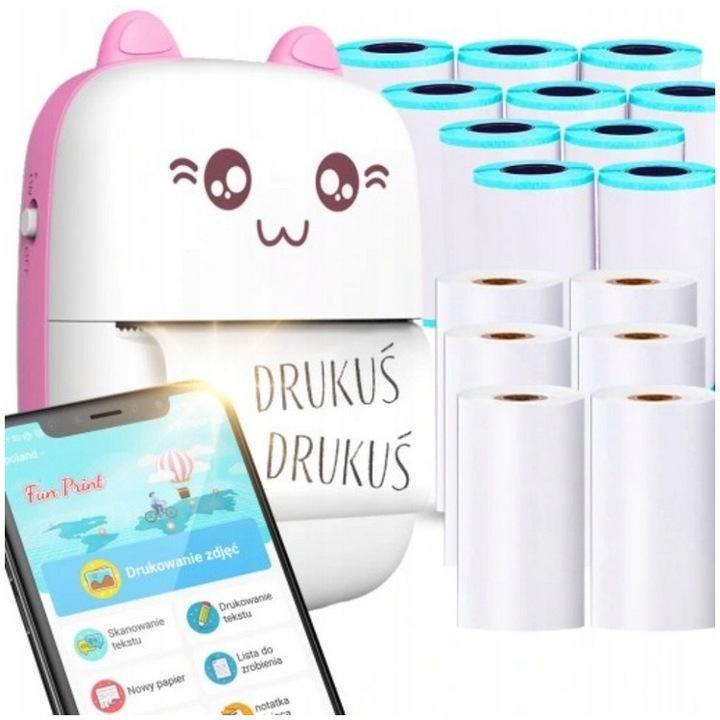 Преносим термопринтер, Bluetooth, ширина 57 мм, розов, пълен комплект с 11 ролки хартия