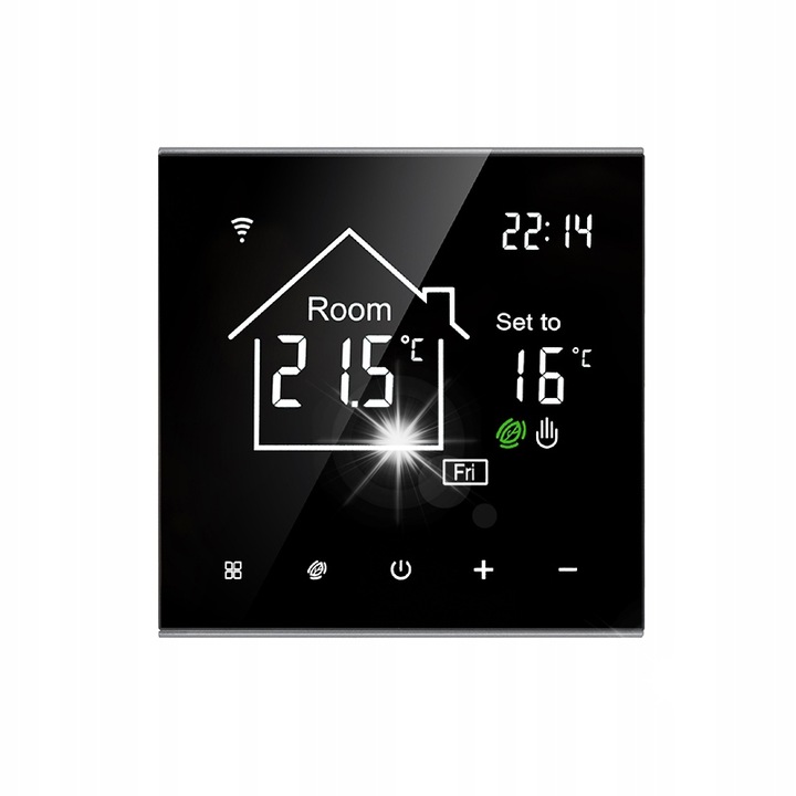 Termostat Wi-Fi pentru incalzire in pardoseala, control vocal, mod manual/automatic, negru cu decorare argintie, dimensiuni 86x86x40mm