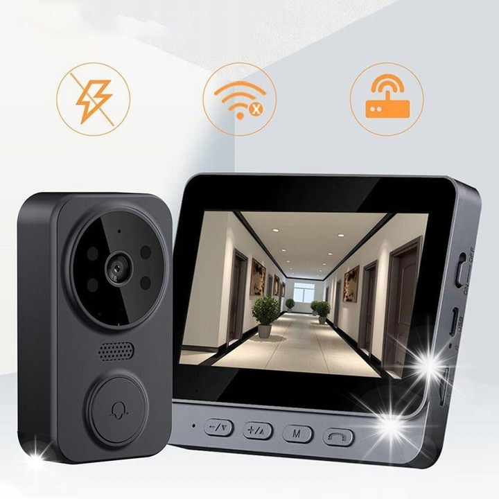 Sonerie electrica video, 4.3 inch, nocturna, negru, dimensiuni 11.2x9.3x1.8 cm, set complet