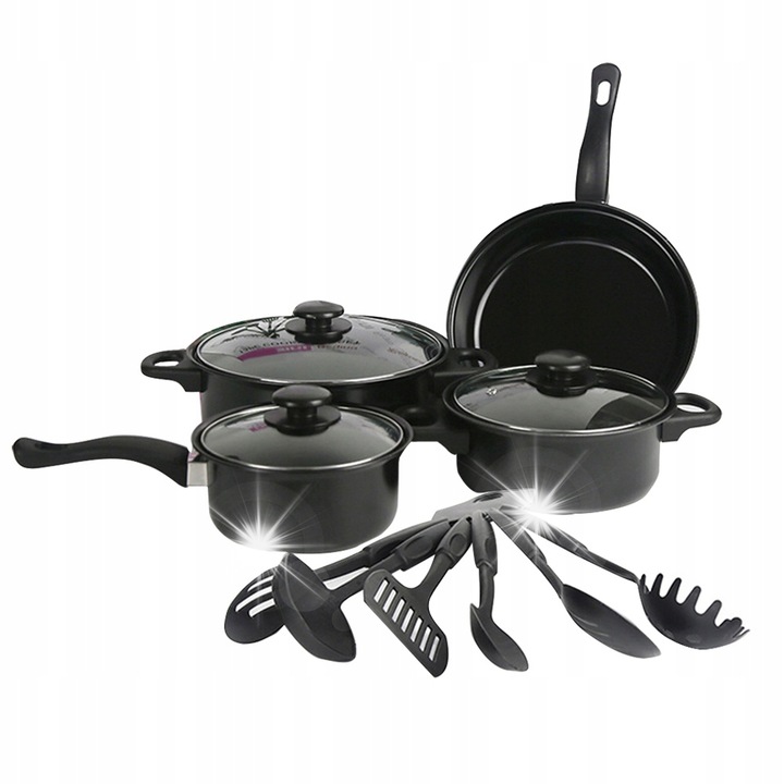 Set de tigai si oale, 13 in 1, negru, cu manere ergonomice, dimensiuni variate