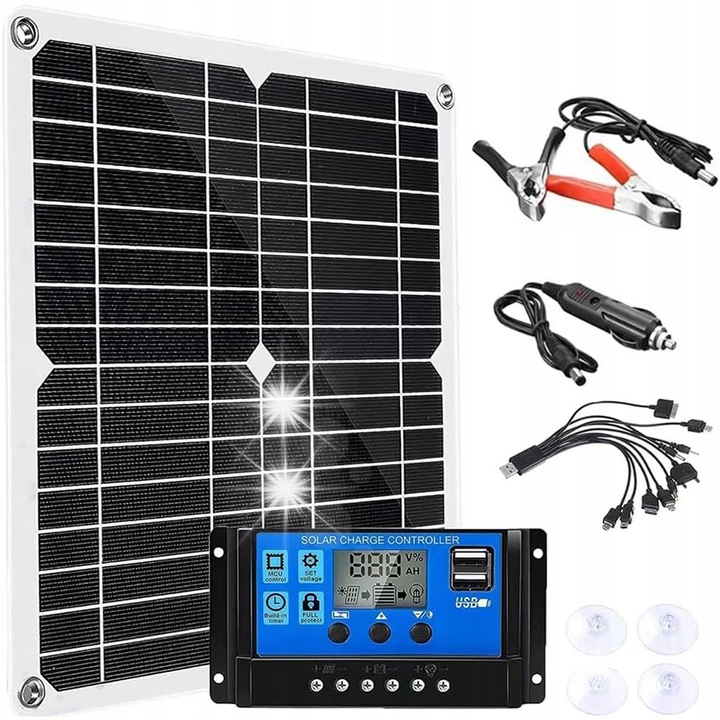 Set panouri solare, 20W, 12V, negru, dimensiuni 36x33x0.25cm, impermeabil IP65, set complet de accesorii