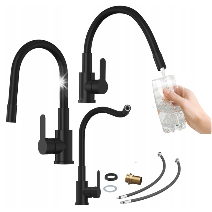 Санитарен смесител Grado, с гъвкав чучур, черен, максимална височина 54 см, пълен комплект