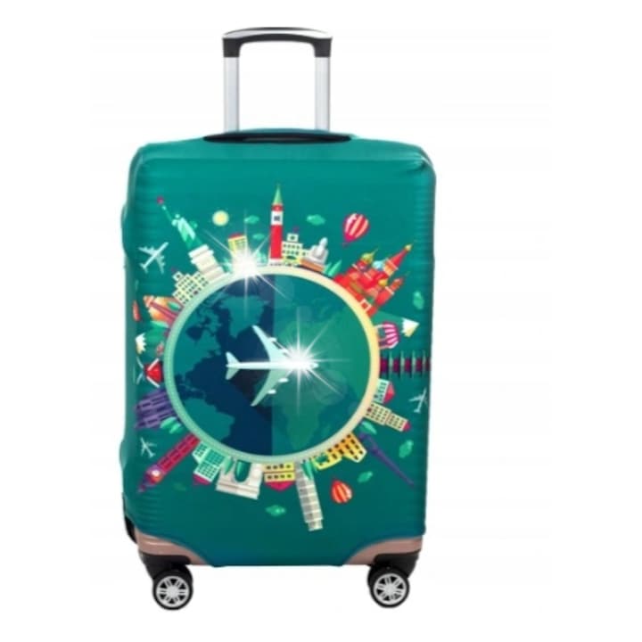 Husa pentru valiza, M, 57-62x38-43x25-27cm, elastica, albastra cu avion