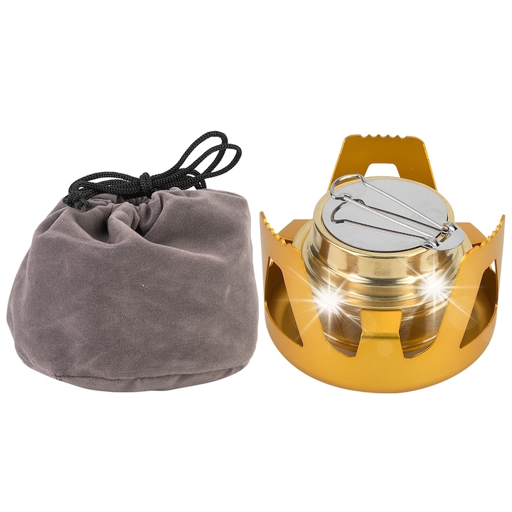 Kemping főző, Kocher modell, rézből és alumíniumötvözetből, arany színű, mérete 74x46mm, komplett készlet tartóval és táskával.