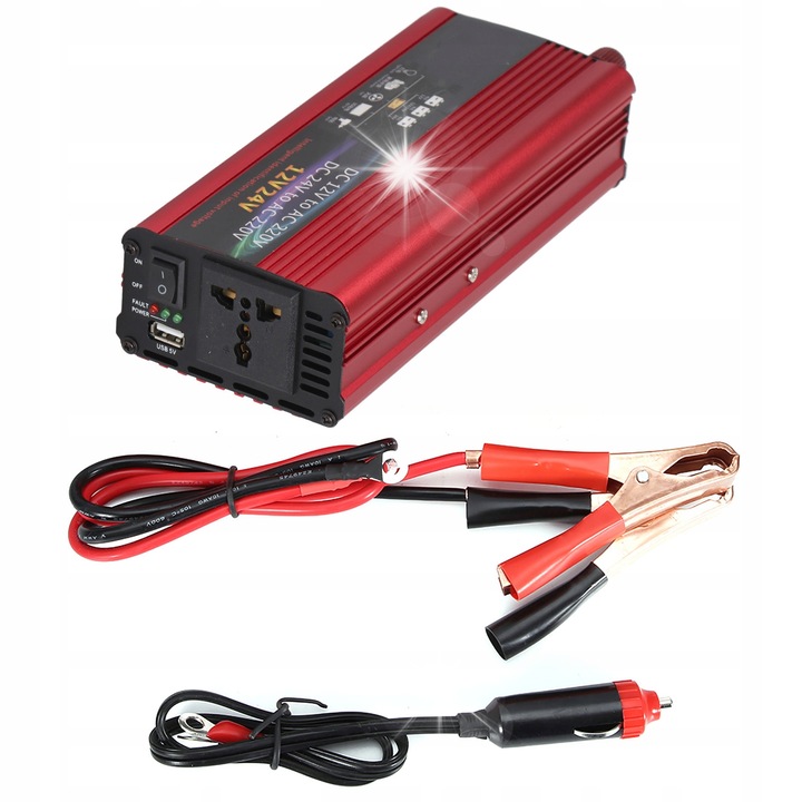 Inverter auto 12V la 220V 2000W, aluminiu, set cu 2 cabluri