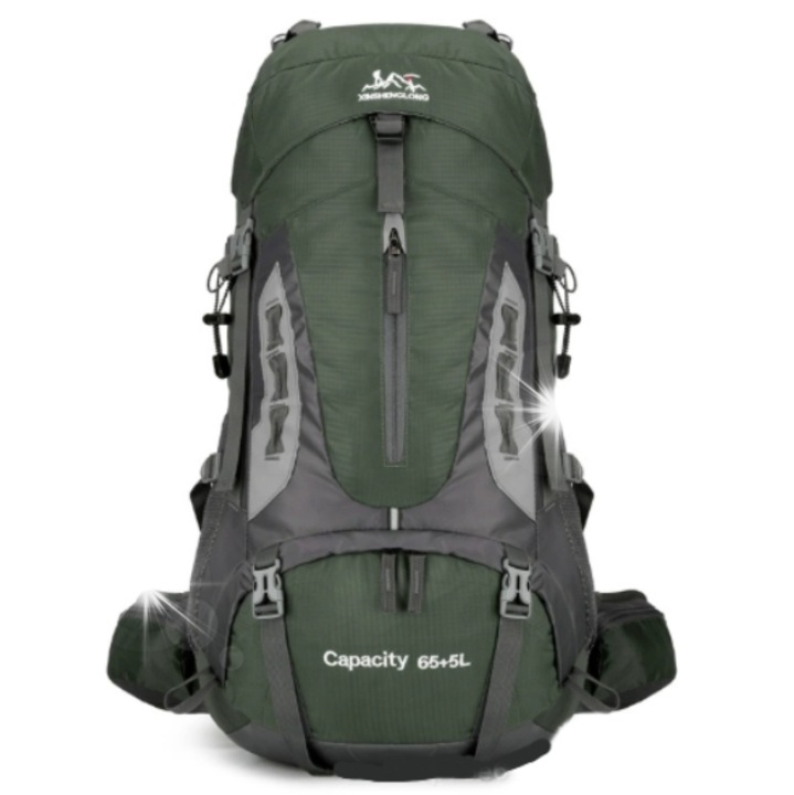 Túrázó hátizsák 65+5L, sötétzöld, rekeszekkel, trekkinghez, méretei 68x33x25cm
