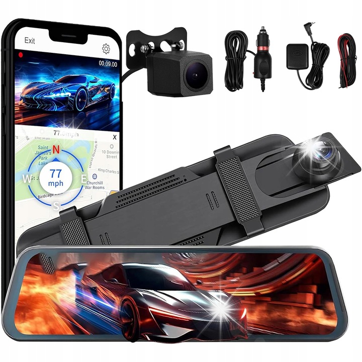 Camera auto DVR, 1080P, 2.5K, rezistenta la apa, 26x7.5x4.5cm, set cu camera de marsarier