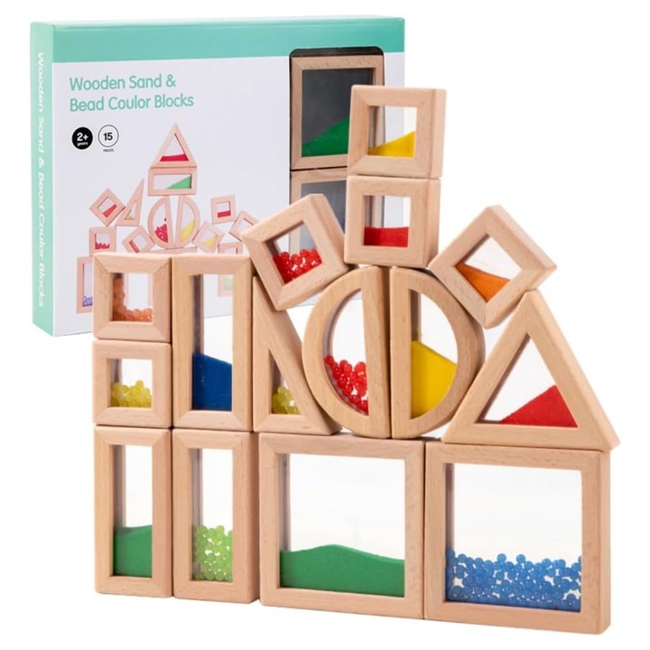 Set de 15 blocuri de constructie din lemn, culori semitransparente, dimensiuni 32.2x23.2x5cm