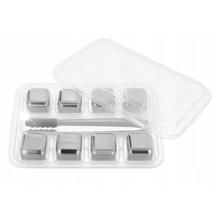 8 db rozsdamentes acél jégkocka készlet, fogóval, ezüst