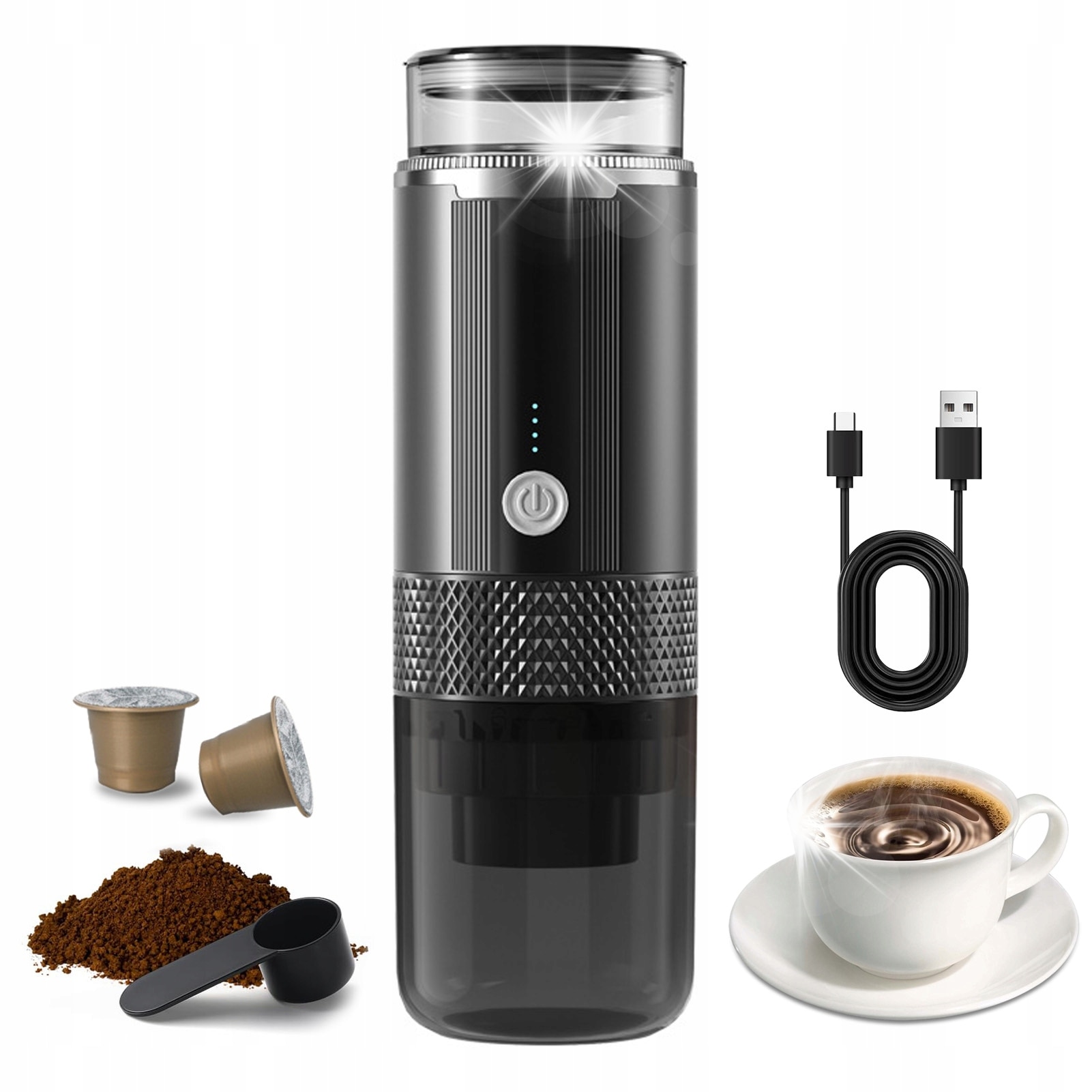 Cafetiere electrica portabila, model CM-1999, capacitate 1200mAh, neagra, dimensiuni 7,6x7,6x24,5cm, set complet.