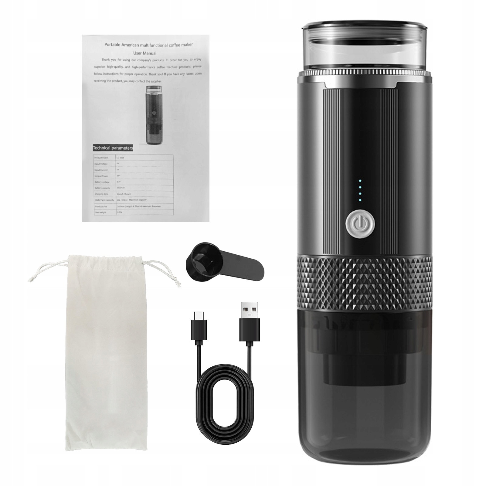 Cafetiere electrica portabila, model CM-1999, capacitate 1200mAh, neagra, dimensiuni 7,6x7,6x24,5cm, set complet.