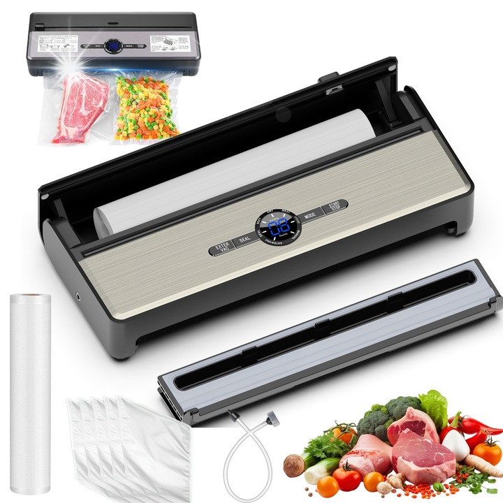 Automatikus vákuumcsomagoló, 7 mód, fekete/ezüst, 39x15x5,8cm, fóliával és 5 zacskóval