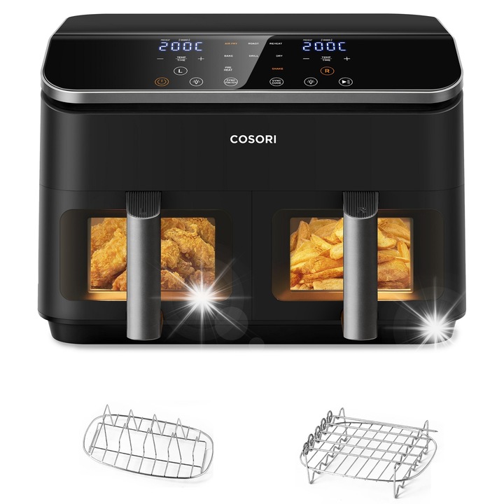 Friteuză, COSORI, 8.5 L, 2 coșuri, negru, 1750W, funcții multiple