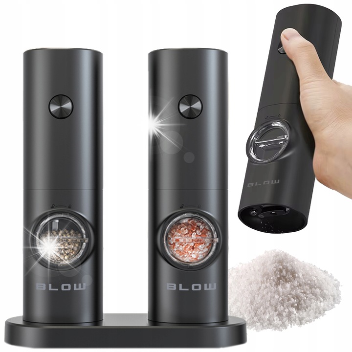 Set de mlynci electrici pentru sare si piper, BLOW, inox, iluminare LED, 183x55mm, 2 bucati (alb si negru)