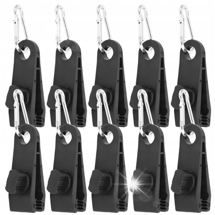Set 10 Clipsuri pentru Cort si 10 Carabiniere, Nylon, 8x3x2,5cm, Aluminiu, 4,6x2,3cm