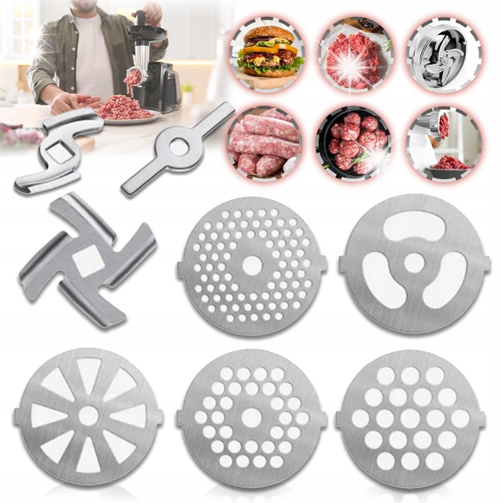 Set de site din inox pentru masina de tocat carne, 8 piese, 54mm, 4mm gauri